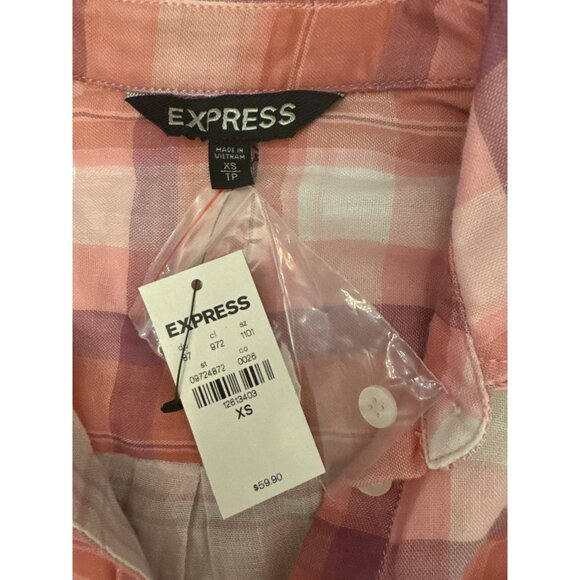 Express Pink Plaid Button Up Long Sleeve Shirt Size XS Womens Tunic White NWT - Picture 2 of 3